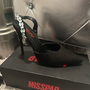 MISSPAP Black Suede Jeweled Sling Back Heels